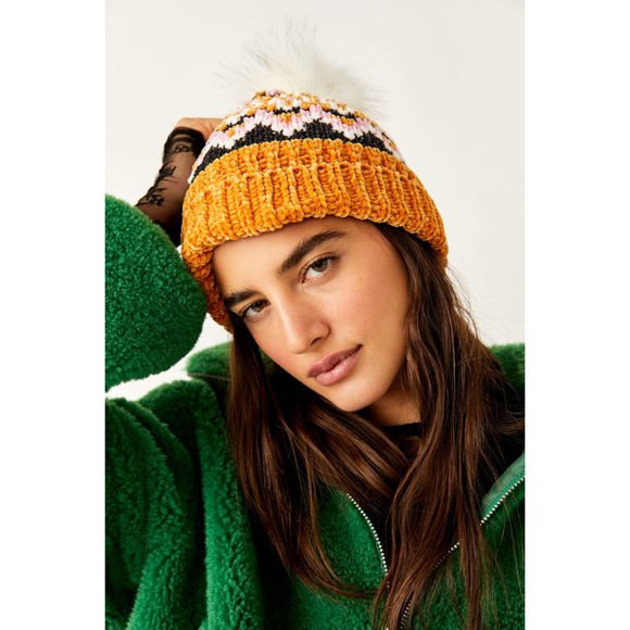 ?FREE PEOPLE Chalet Fairisle Pom Beanie / Mustard Combo?